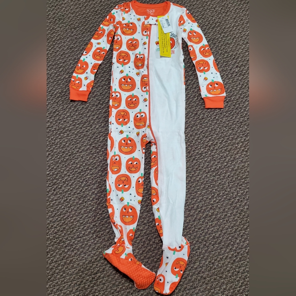 Pumpkin Halloween Orange and White Kids One Piece Footed Pajama Sleeper Size 3T
